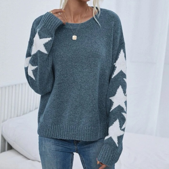 Boho dusty blue stars print sleeve knit sweater top - Picture 5 of 6